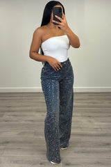 Blue Fully Embellished Rhinestone Wide Fit Jeans