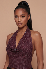 Burgundy Stud Embellished Draped Halter Neck