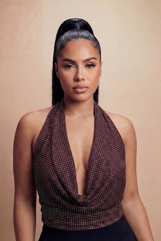 Brown Stud Embellished Draped Halter Neck