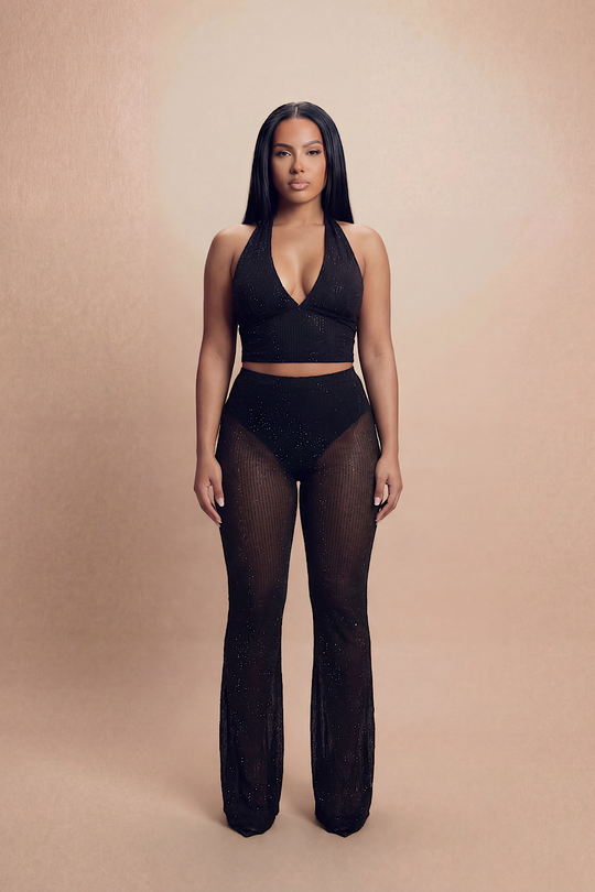 Black Studded Mesh Halter Two-Piece Co-Ord
