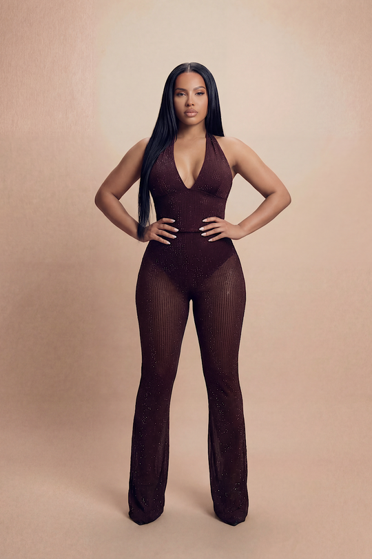 Burgundy Studded Mesh Halter Two-Piece Co-Ord