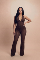 Brown Studded Mesh Halter Two-Piece Co-Ord