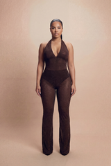Brown Studded Mesh Halter Two-Piece Co-Ord