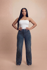 Blue Fully Embellished Rhinestone Wide Fit Jeans