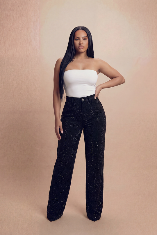 Black Fully Embellished Rhinestone Wide Fit Jeans